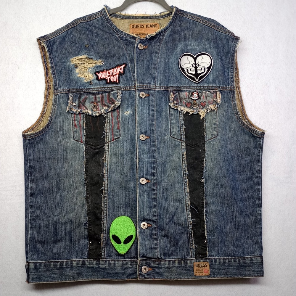 Guess Jeans Workwear Denim Vest XXL Custom Distressed Punk Biker Festival Patch‎